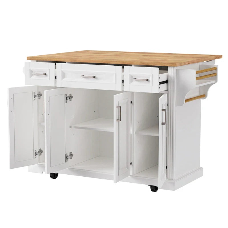 Large Kitchen Island With Wood Drop Leaf, Embossed Texture Rolling Kitchen Cart wDoors And Drawers wStorage For Kitchen, White