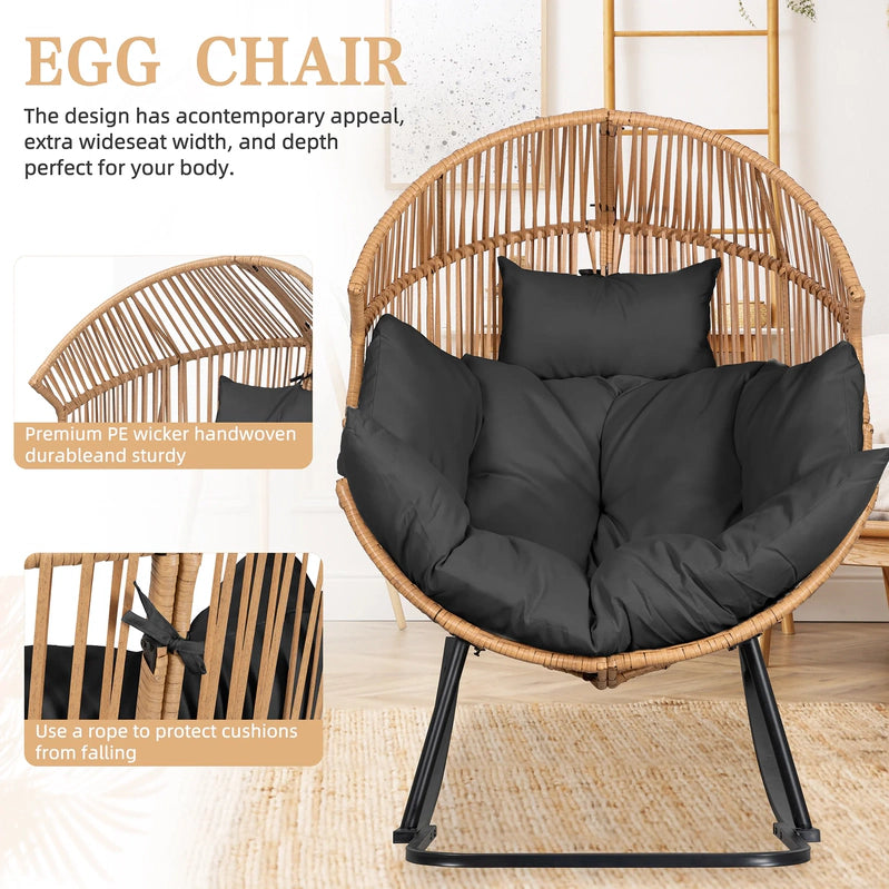Walsunny Egg Chairs Outdoor Patio Wicker Oversized Egg Shell Lounger Lawn Chair With Cushion For Indoor Outside Porch Balcony Backyard