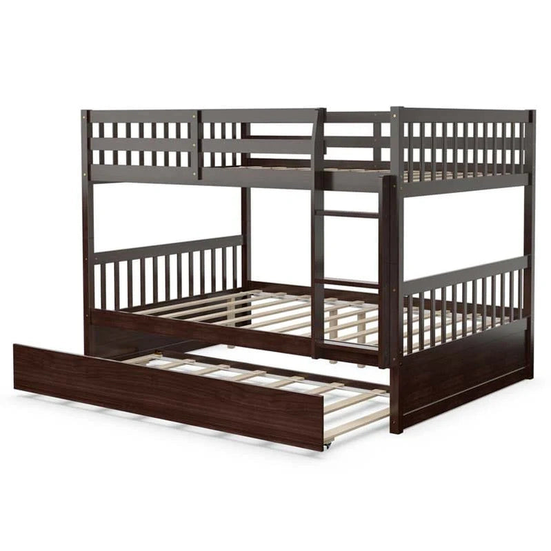 Solid Wood Full Over Full Bunk Bed Frame With Trundle, Safety Ladder And Guardrails, Convertible Bunk Bed For Kids Teens