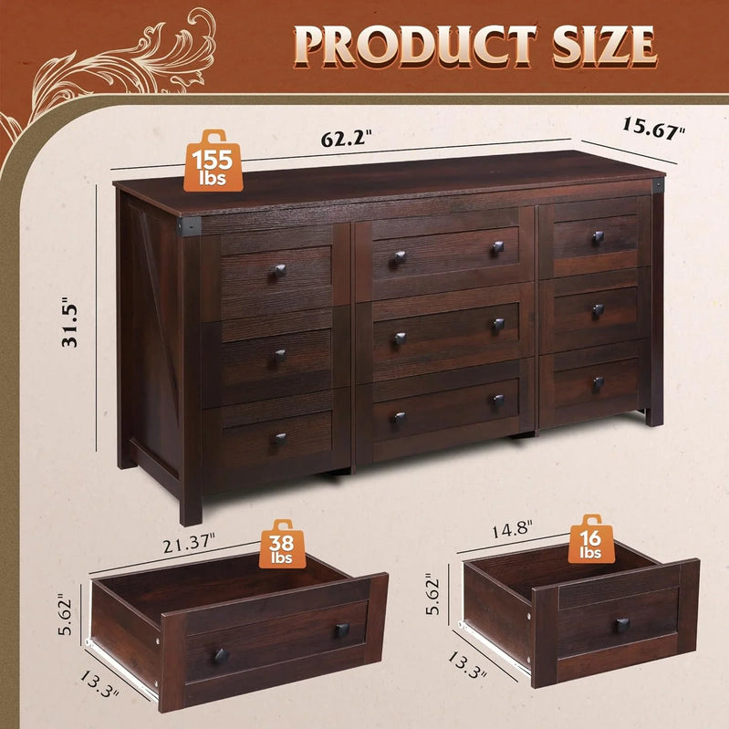 9 Drawer LED Dresser For Bedroom, 58.35 In. Wide Wood Dresser Storage Organizer With Power Outlets For 65 In. TV, Dressers With Open Shelves