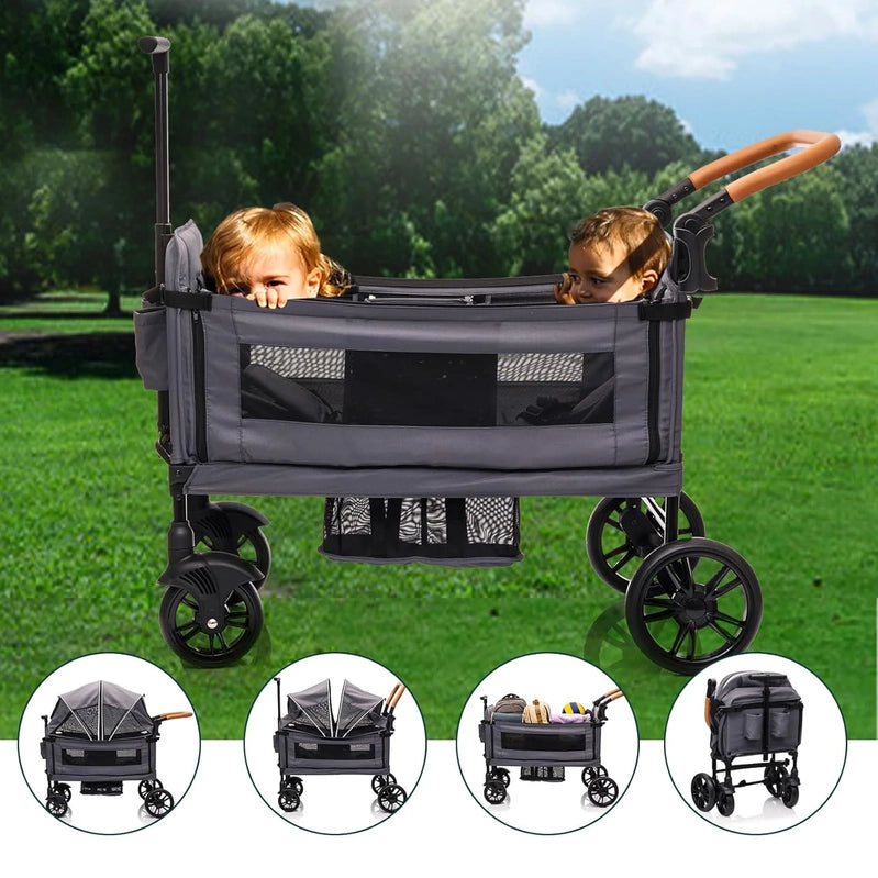 Wagon Stroller For 2 Kids And Cargo-Travel Stroller Push-Pull Double Wagon Lightweight Folding Stroller For Newborn And Toddler With 5-Point
