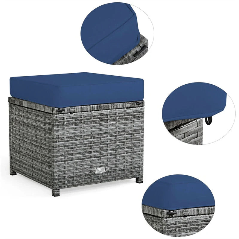 7 Pcs Rattan Patio Dining Furniture Sectional Sofa Set With Dining Table, Ottomans And Cushions