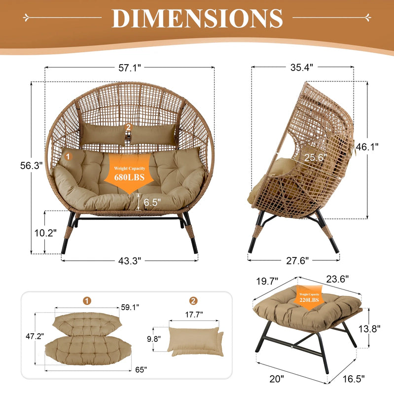 Radiata Double Egg Chair For 2 Person, Oversized Wicker Loveseat With Thick Cushions, 680 Lbs Capacity