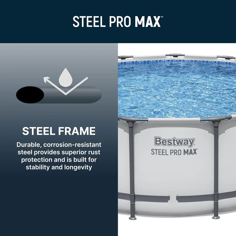 Steel Pro MAX 14 Ft. x 48 In. Round Metal Frame Above Ground Outdoor Swimming Pool Set With 1,000 Filter Pump, Ladder, And Cover, Gray