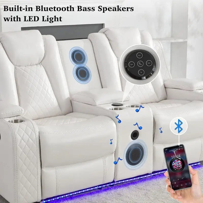 Power Reclining Sofa With Wireless Charger, Reading Light For Living Room, Faux Leather LED Light, AC/USB Port, Cup Holder, Black
