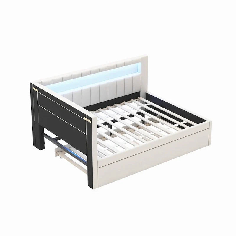 Upholstered Platform Bed With USB Ports And LED Lighting, Full/Twin Size Bed Frame With 2 Storage Drawers, Modern Bedroom
