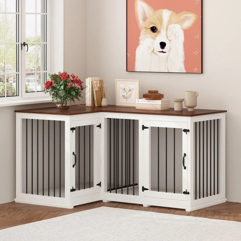 Large Corner Dog Crate Furniture For 2 Dogs, L Shape Dog Crate Cage, 58.7X41.1