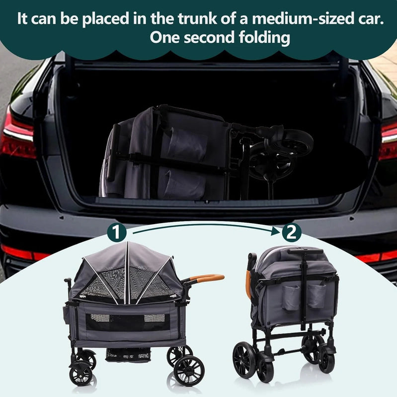 Wagon Stroller For 2 Kids And Cargo-Travel Stroller Push-Pull Double Wagon Lightweight Folding Stroller For Newborn And Toddler With 5-Point
