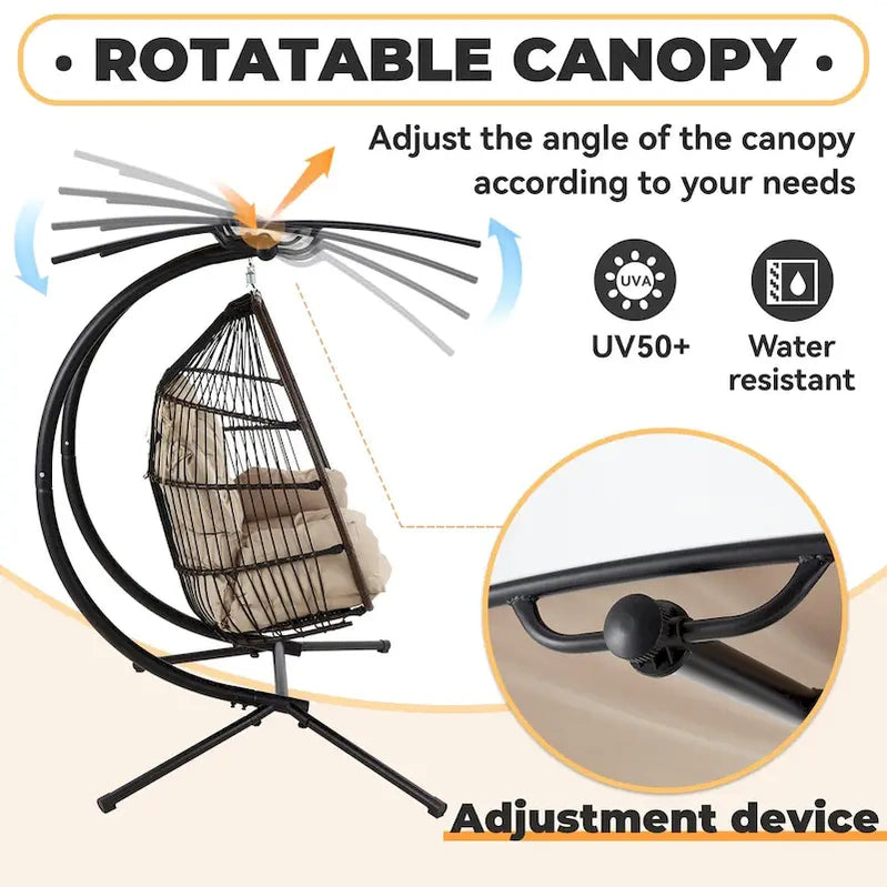 Outdoor Swing Loveseat With Stand, Foldable Hanging Chair, Hammock Cushion, And Awning, Double Egg Chair, Beige