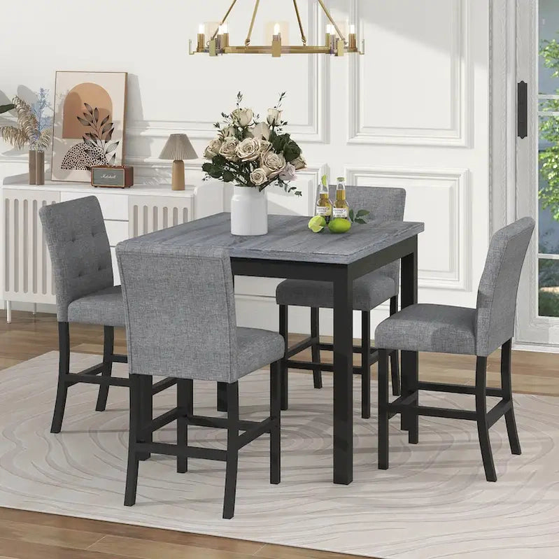 5 Piece Counter Height Dining Set, Wood Dining Table Set With Rectangle Table And 4 Upholstered High Back Chairs