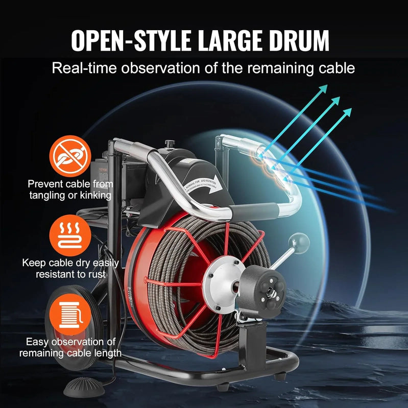 Drain Cleaner Machine 100 Ft. x 1/2 In, Auto Feed Sewer Snake Auger On Wheels
