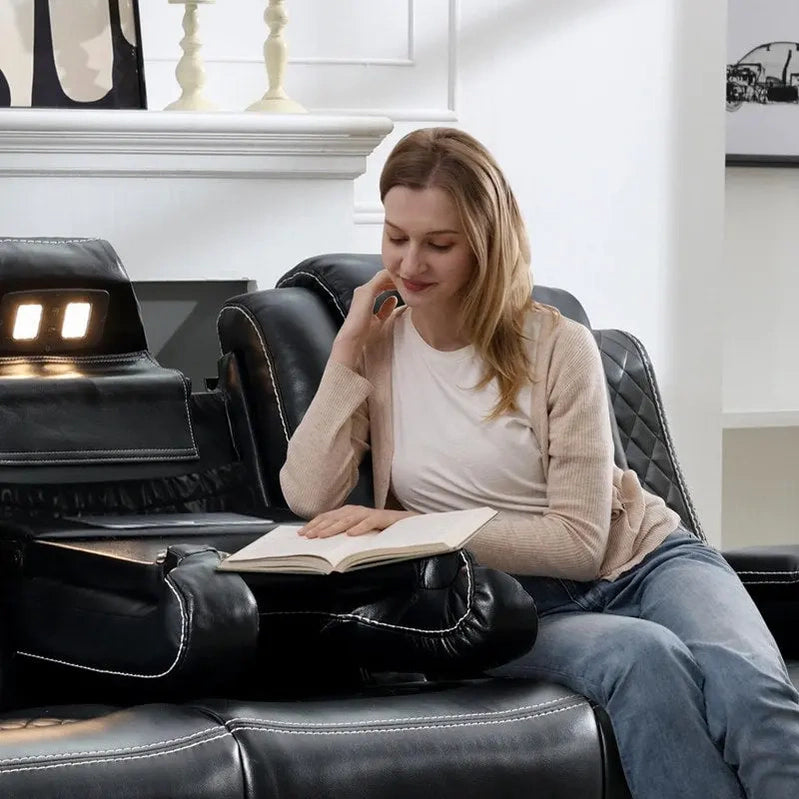 Power Reclining Sofa With Wireless Charger, Reading Light For Living Room, Faux Leather LED Light, AC/USB Port, Cup Holder, Black