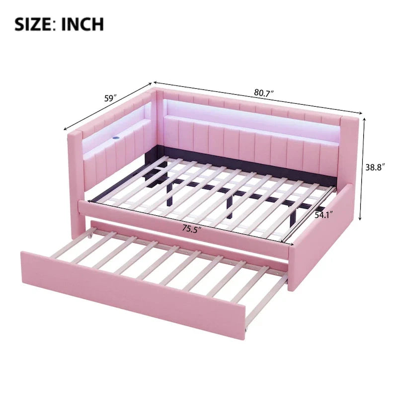 Upholstered Platform Bed With USB Ports And LED Lighting, Full/Twin Size Bed Frame With 2 Storage Drawers, Modern Bedroom