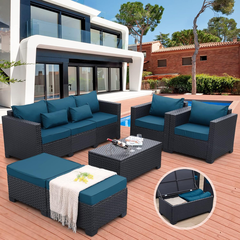 Rattaner Patio Furniture Set 6 Pieces Couch Outdoor Chairs Coffee Table Peacock Blue Anti-Slip Cushions And Waterproof Covers