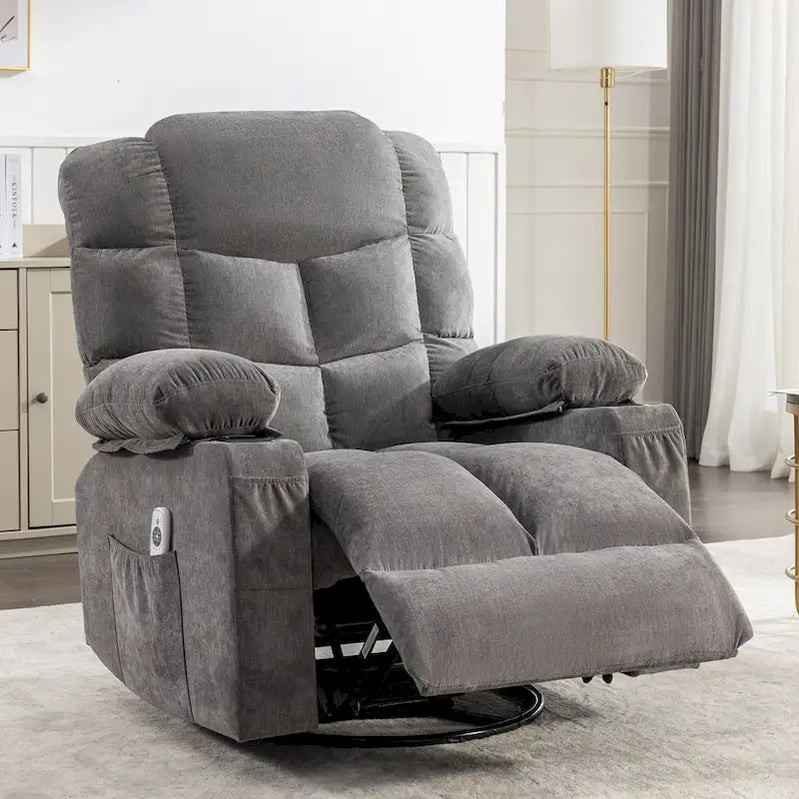 Grey Oversized Recliner With Heat And Massage, 150 Recline, 30 Rocking, USB Charging, And 2 Cup Holders