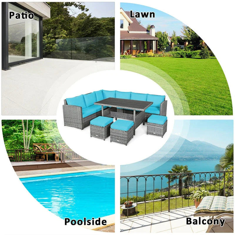7 Pcs Rattan Patio Dining Furniture Sectional Sofa Set With Dining Table, Ottomans And Cushions