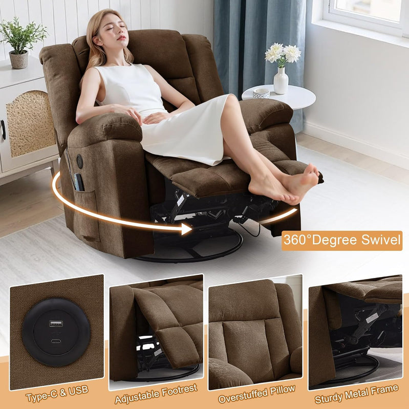 Rocker Recliner, Glider Recliner Chairs For Adults, 360 Degree Swivel Rocking Chair With Massage And Heating