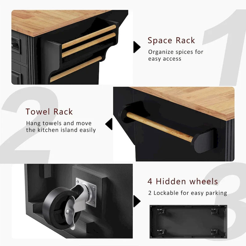 54 Large Kitchen Island With Rubber Wood Drop Leaf, Embossed Texture Rolling Kitchen Cart On 4 Wheels With 4 Doors And 3 Drawers
