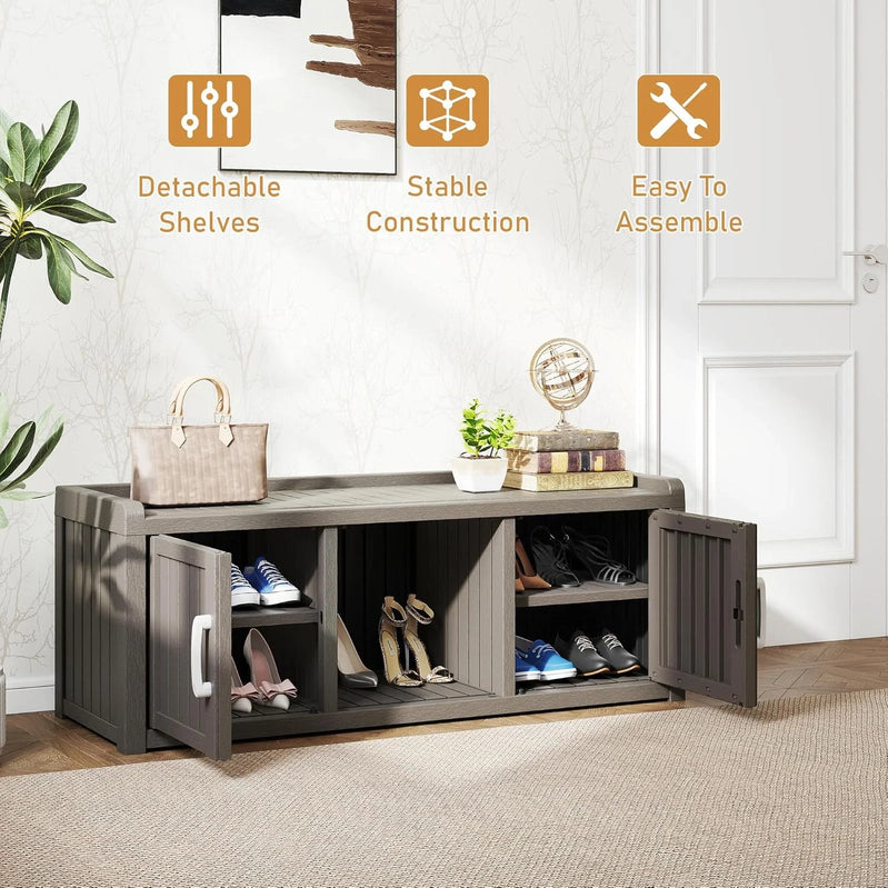 Kamaboko Outdoor Shoe Storage Cabinet, Waterproof UV-Resistant Entryway Storage Bench Indoor Outdoor With 2 Barn Doors