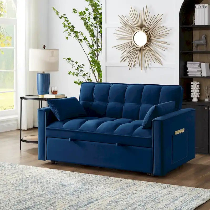 4 in1 Loveseat Sofa Bed With Armrests And Storage Pockets, Multi-Function Tufted Pull-Out Sofa Bed With Adjustable Backrest