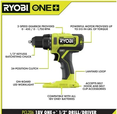 Ryobi One Plus PCL1600K2 18V Cordless 6-Tool Combo Kit