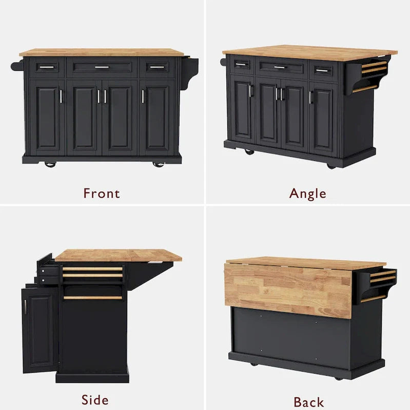 54 Large Kitchen Island With Rubber Wood Drop Leaf, Embossed Texture Rolling Kitchen Cart On 4 Wheels With 4 Doors And 3 Drawers