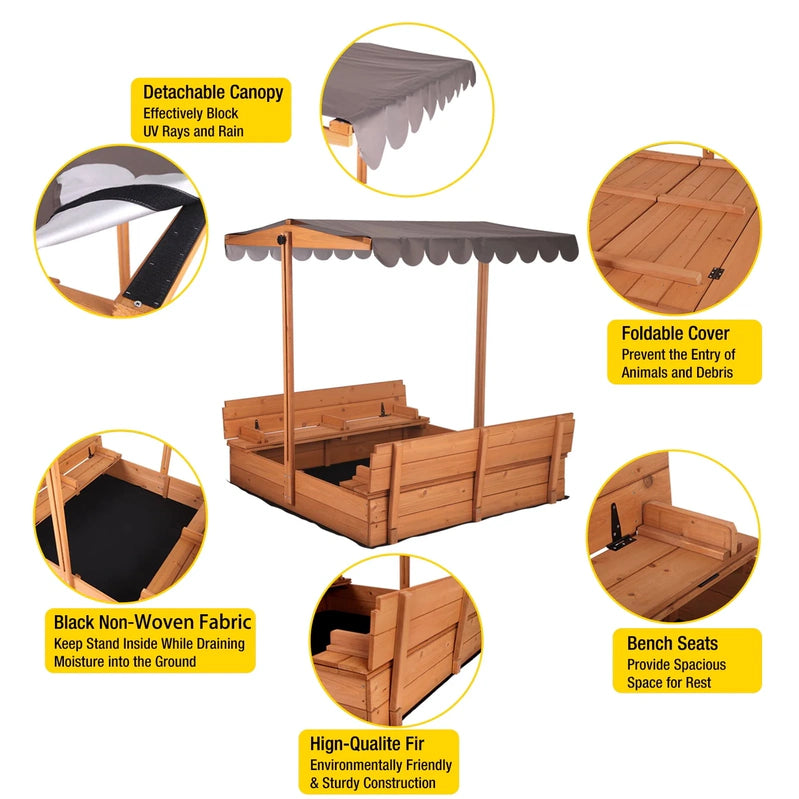 Morgete 47 In. Outdoor Sandbox For Kids With Lid And Bench, Wooden Sand Play Toys Center