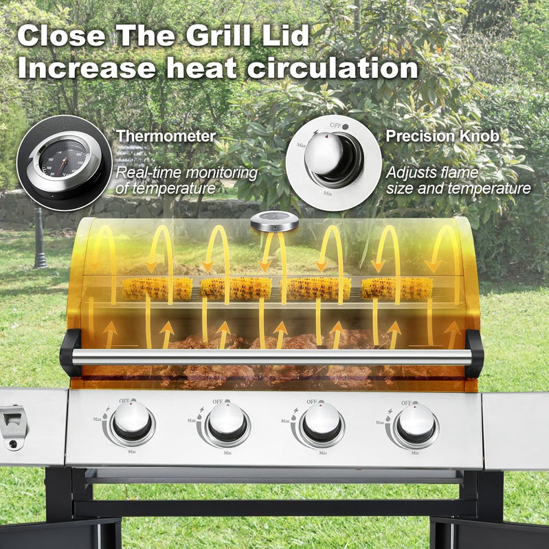 Upgraded 4 Burner Bbq Propane Gas Grill With Cast Iron Grates And Side Stove, 44,000 BTU Stainless Steel Burner Barbecue Grill For Patio
