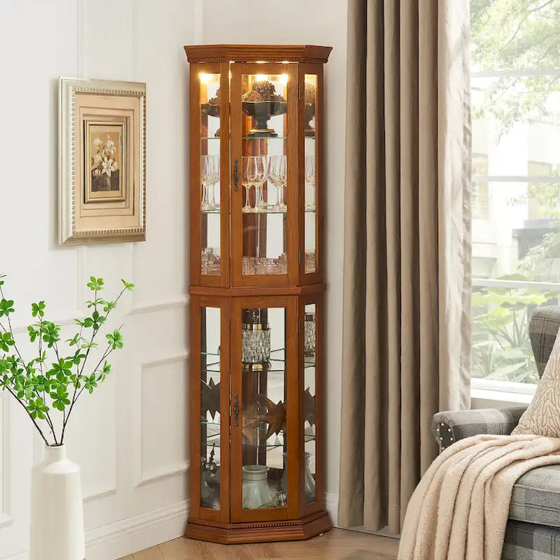 Corner Curio Cabinet With Lights, Adjustable Tempered Glass Shelves, Mirrored Back, Display Cabinet