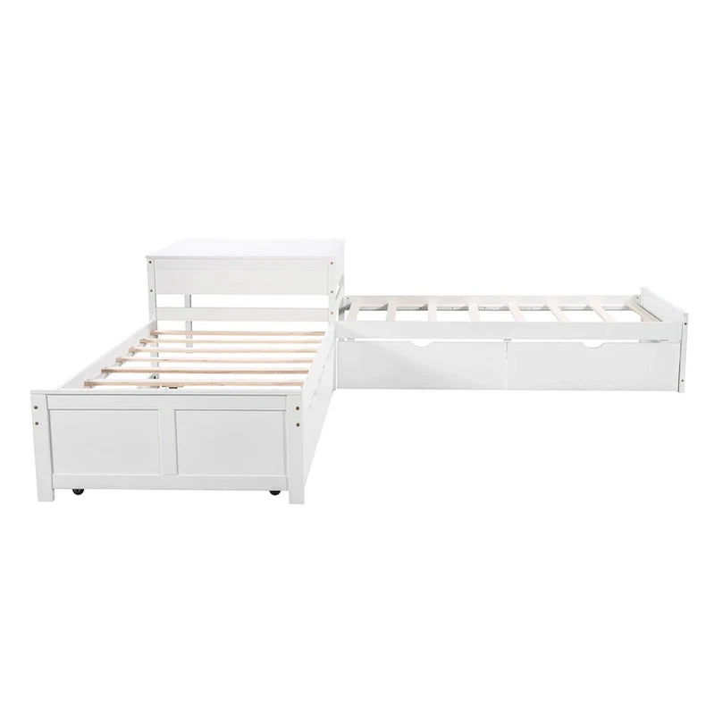 White Modern Twin Size L-Shaped Platform Bed With Trundle And Drawers For Bedroom