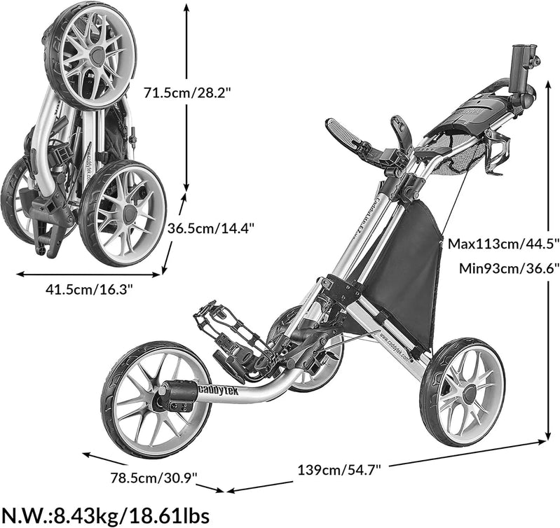 3Wheel Golf Push Cart, Golf Trolley Foldable Collapsible Lightweight Pushcart With Foot Brake, Easy To Open And Close