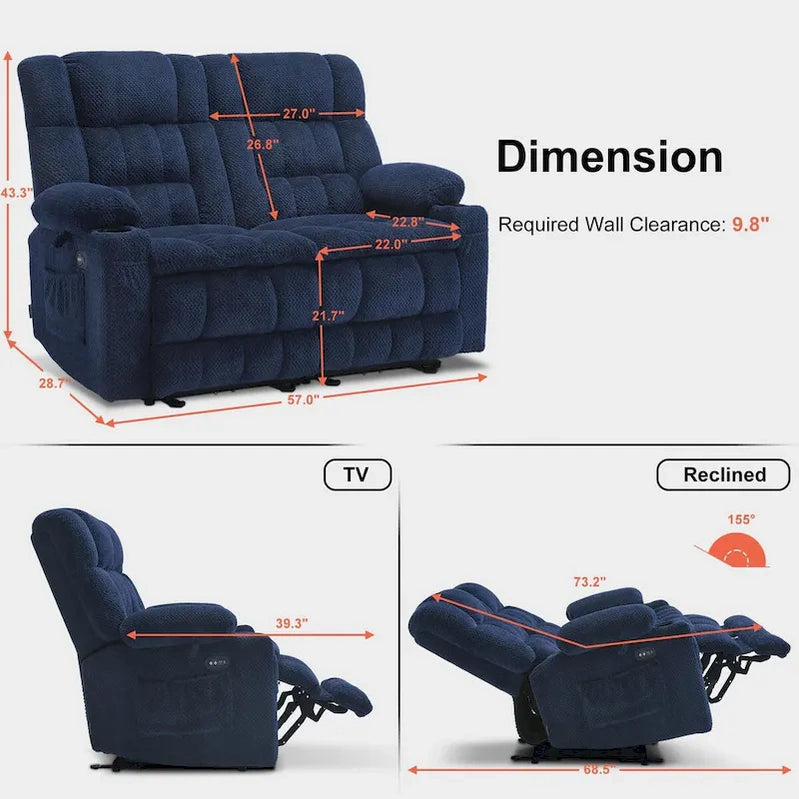 MCombo Power Loveseat Recliner, Electric Reclining Loveseat Sofa With Heat And Vibration, Cupholders, USB Charge Ports RS6314