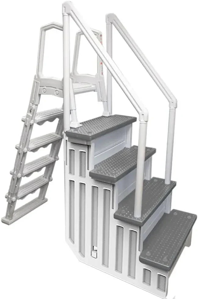 Non-Slip Entry Steps For Pools, Grey, For Above-Ground Pools, Can Be Installed On Terraces With A Height Of 122 To 137 Cm, Load Capacity Up To 136 Kg