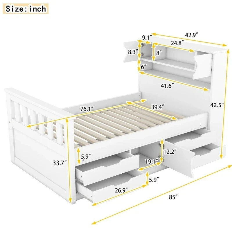 Twin/Full Size Captain Platform Bed With 4 Drawers And Storage Shelves, Solid Wood Bed Frame With Storage Bookcase Headboard
