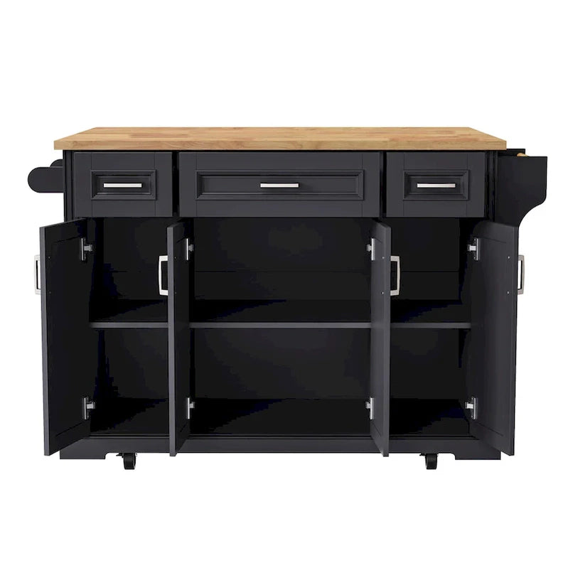 54 Large Kitchen Island With Rubber Wood Drop Leaf, Embossed Texture Rolling Kitchen Cart On 4 Wheels With 4 Doors And 3 Drawers