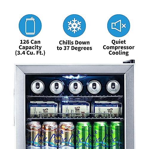NewAir Beverage Refrigerator Cooler, 126 Cans Free Standing With Right Hinge Glass Door