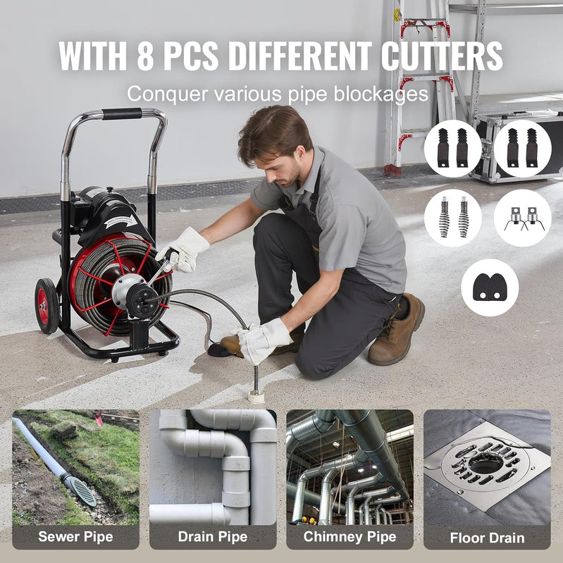 Drain Cleaner Machine 100 Ft. x 1/2 In, Auto Feed Sewer Snake Auger On Wheels