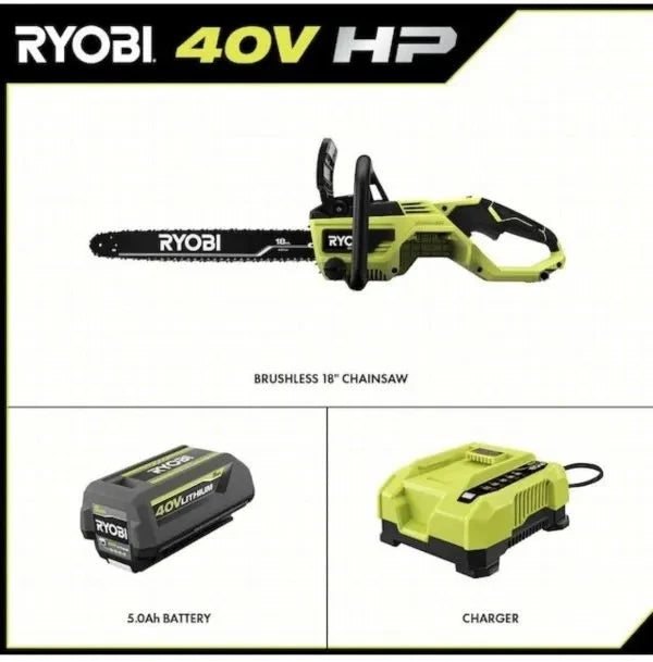 Ryobi 18 40V Cordless Chainsaw Kit With Battery And Charger, Green