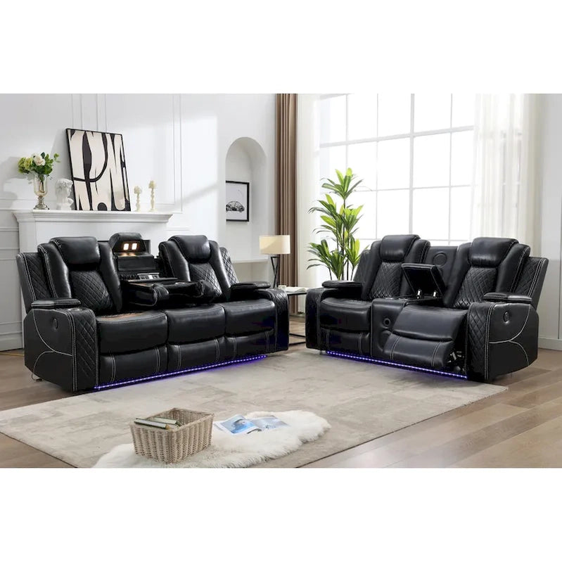 Power Reclining Sofa With Wireless Charger, Reading Light For Living Room, Faux Leather LED Light, AC/USB Port, Cup Holder, Black