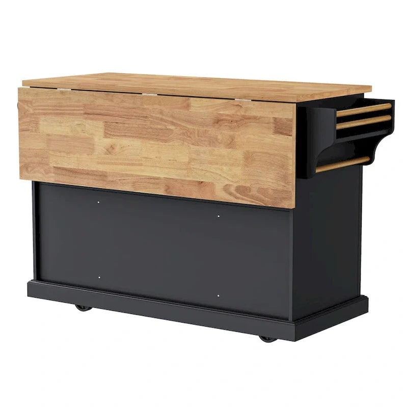 54 Large Kitchen Island With Rubber Wood Drop Leaf, Embossed Texture Rolling Kitchen Cart On 4 Wheels With 4 Doors And 3 Drawers