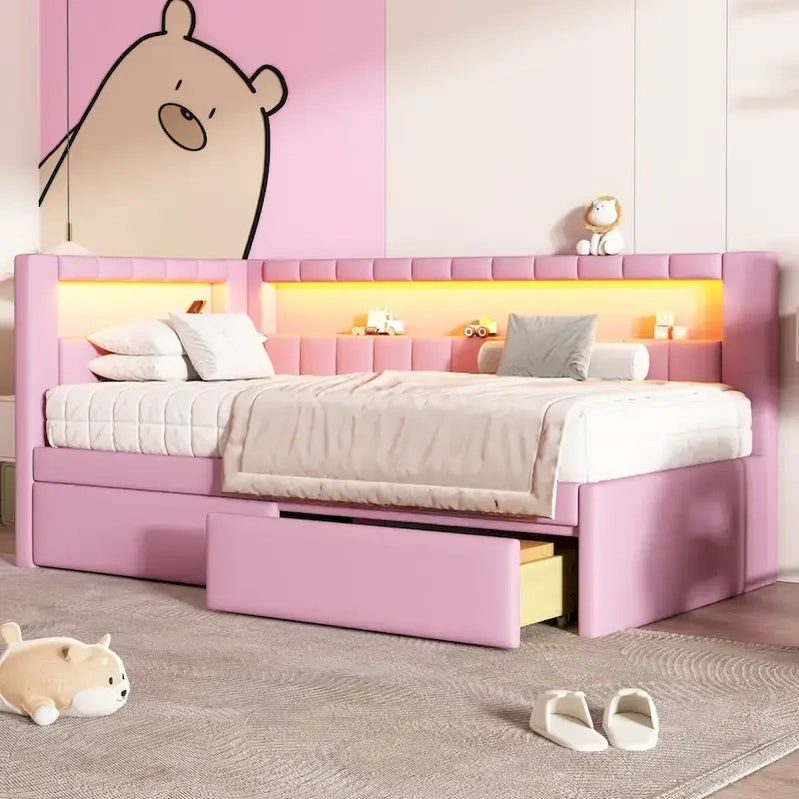 Upholstered Platform Bed With USB Ports And LED Lighting, Full/Twin Size Bed Frame With 2 Storage Drawers, Modern Bedroom