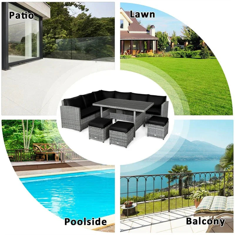 7 Pcs Rattan Patio Dining Furniture Sectional Sofa Set With Dining Table, Ottomans And Cushions