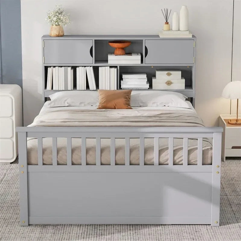 Twin/Full Size Captain Platform Bed With 4 Drawers And Storage Shelves, Solid Wood Bed Frame With Storage Bookcase Headboard