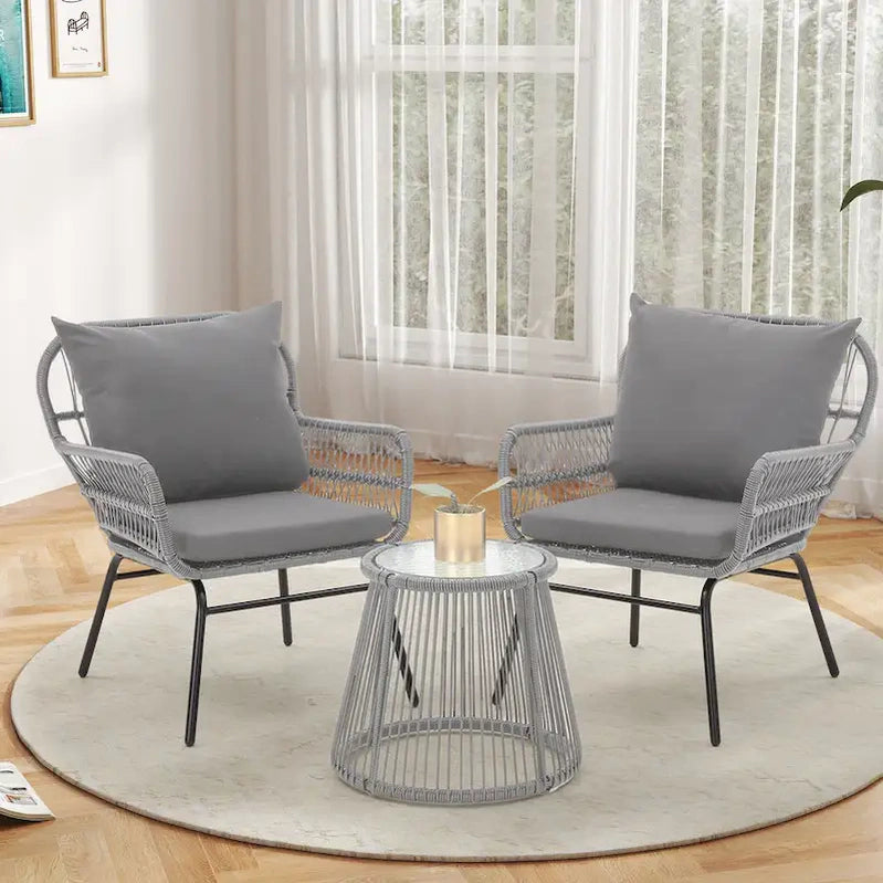 3-Piece Patio Conversation Bistro Set, Outdoor Rattan Furniture Set With Glass Table And 2 Wide Armchairs, Seat Cushions