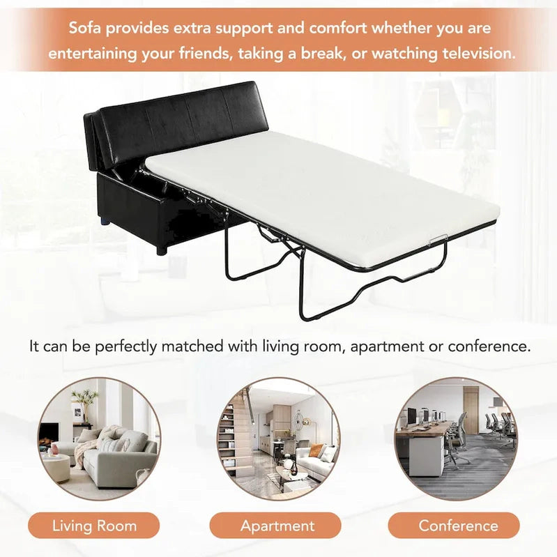 Twin Size Folding Pull Out Ottoman Sleeper Bed With Mattress Convertible Guest Bed, PU Upholstered Sleeper Sofa