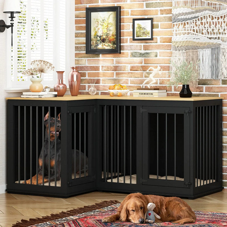 Large Corner Dog Crate Furniture For 2 Dogs, L Shape Dog Crate Cage, 58.7X41.1