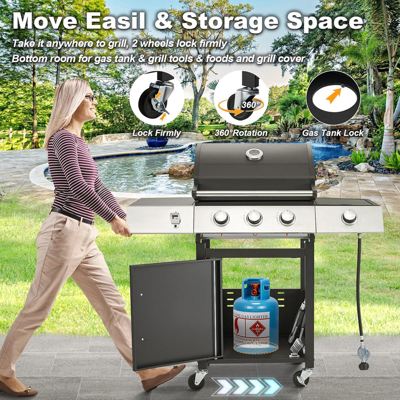 Upgraded 4 Burner Bbq Propane Gas Grill With Cast Iron Grates And Side Stove, 44,000 BTU Stainless Steel Burner Barbecue Grill For Patio