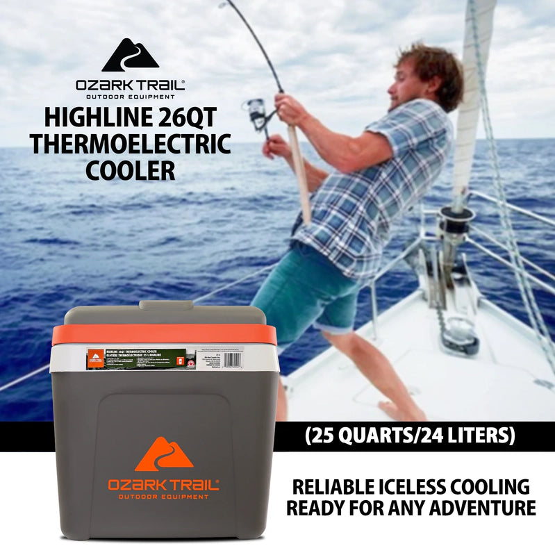 Ozark Trail 26QT Electric Cooler 12V Portable Travel Beach Camping Picnic Insulated Cooler 30 Cans Iceless 24L, Grey
