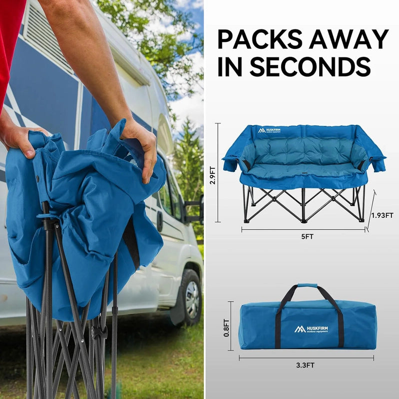Double Camping Chairs Padded Loveseat Chair For 2 Person, Heavy Duty Oversized Camping Couch For Adults Outdoor Lawn Beach, Portable Folding