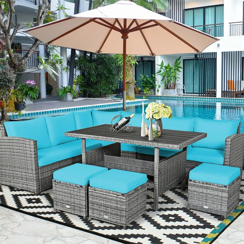 7 Pcs Rattan Patio Dining Furniture Sectional Sofa Set With Dining Table, Ottomans And Cushions